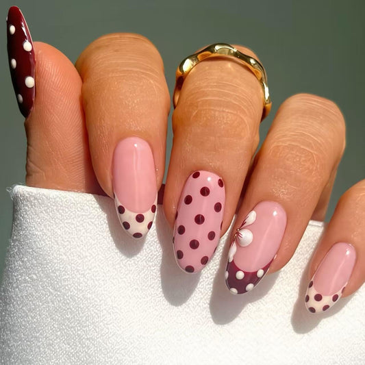 3D Flower Polka Dot Press on Nails Medium Almond Fake Nails with White French Tip Full Cover Stick on Nails Burgundy Pink Nails Press ons Cute Reusable Acrylic Nails for Women Manicure 24Pcs