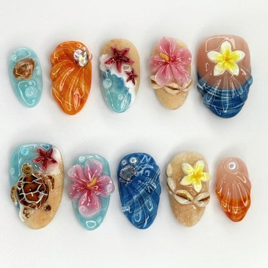 Summer Beach Press on Nails Short Almond 24Pcs Floral False Nails with 3D Ocean Seashell Turtle Starfish Design Cute Fake Nails Blue Sea Acrylic Nails Full Cover Glue on Nail for Women Spring Nail DIY