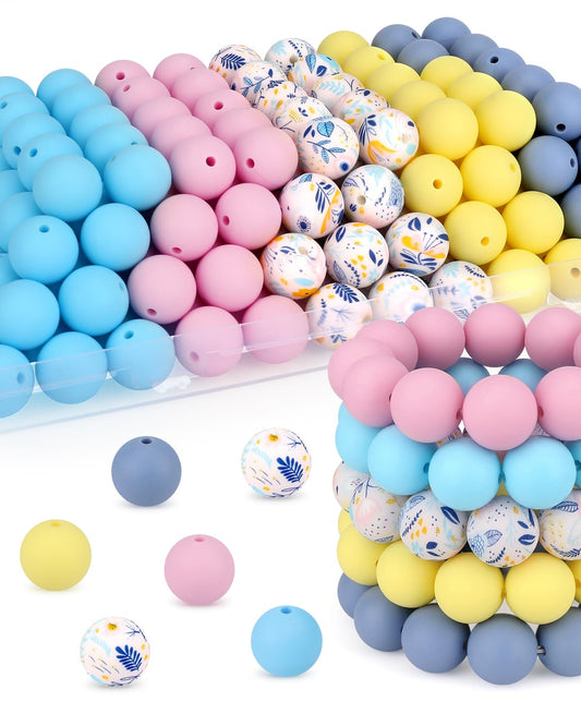 SALUOKE 100 Pcs 15mm Silicone Beads for Keychain Making, Flowers Silicone Beads Bulk Round for Bracelets Pens Crafts Jewelry Making (Flowers)