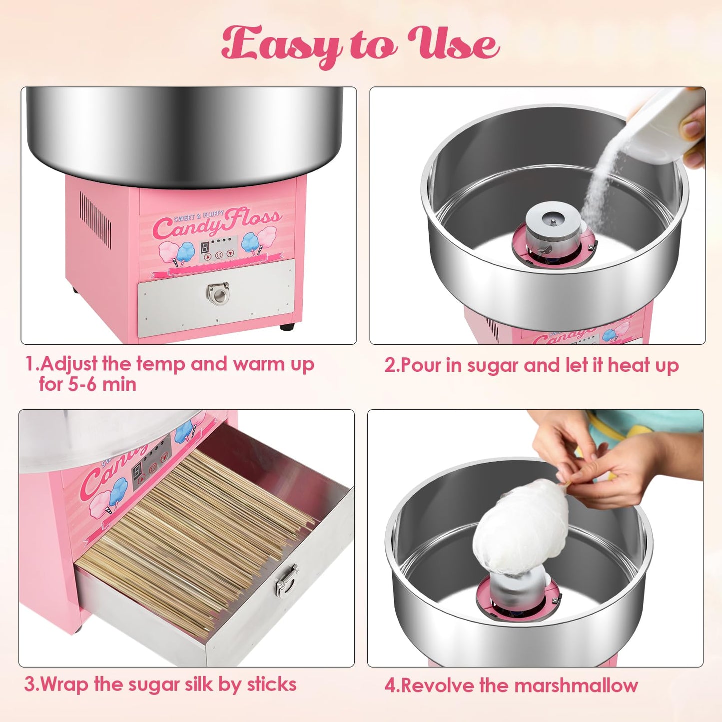 Electric Cotton Candy Maker Commercial, Cotton Candy Machine for Kids with 20 inch Stainless Steel Bowl for Family, Party, Amusement Park, Carnival- Pink