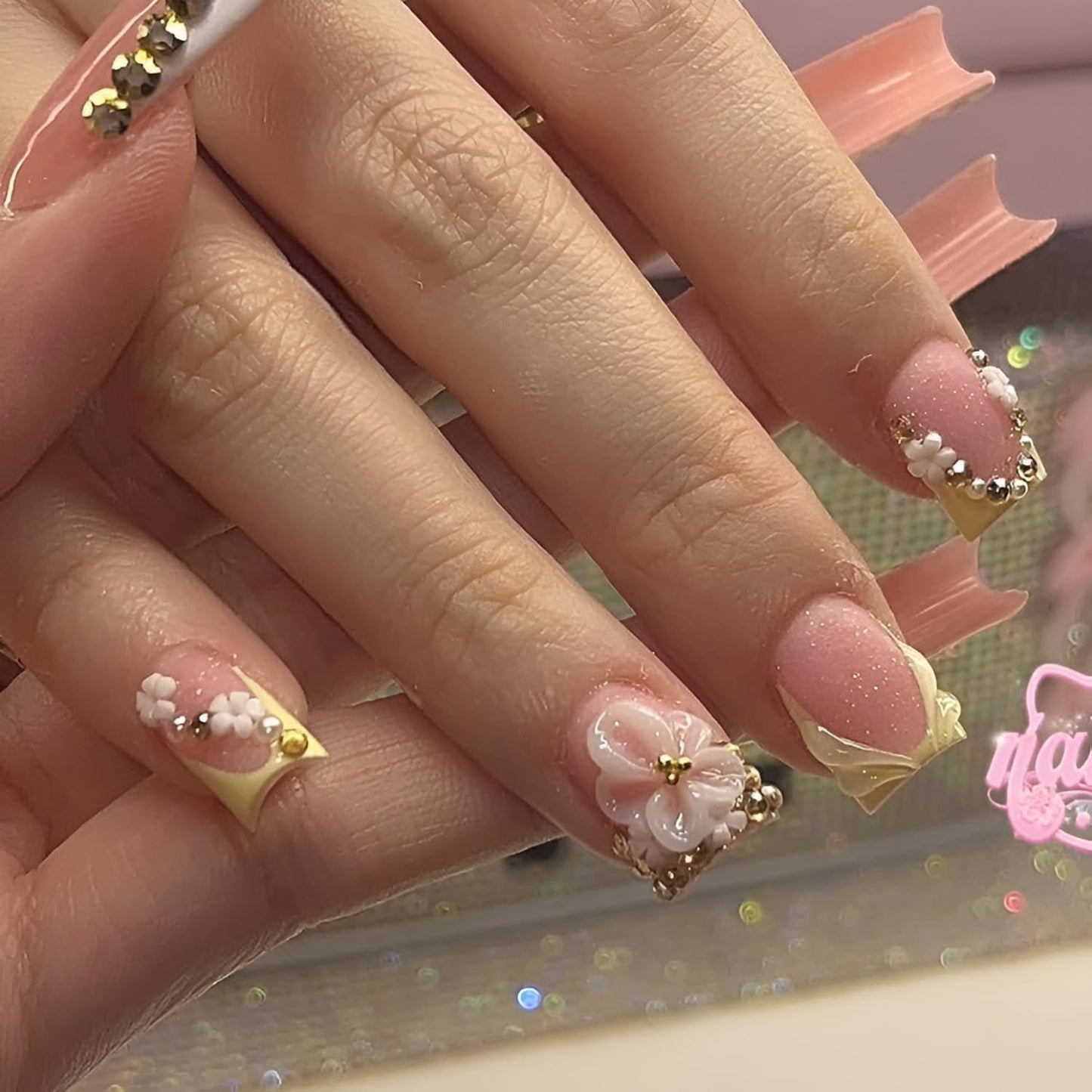 French Tip Press on Nails Short Square Fake Nails 3D Flower Nails Press Ons with Rhinestones Design Yellower French Tip False Nails Glossy Glue on Nail Spring Stick on Nail for Women 24Pcs