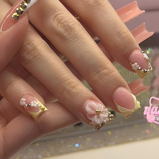 French Tip Press on Nails Short Square Fake Nails 3D Flower Nails Press Ons with Rhinestones Design Yellower French Tip False Nails Glossy Glue on Nail Spring Stick on Nail for Women 24Pcs