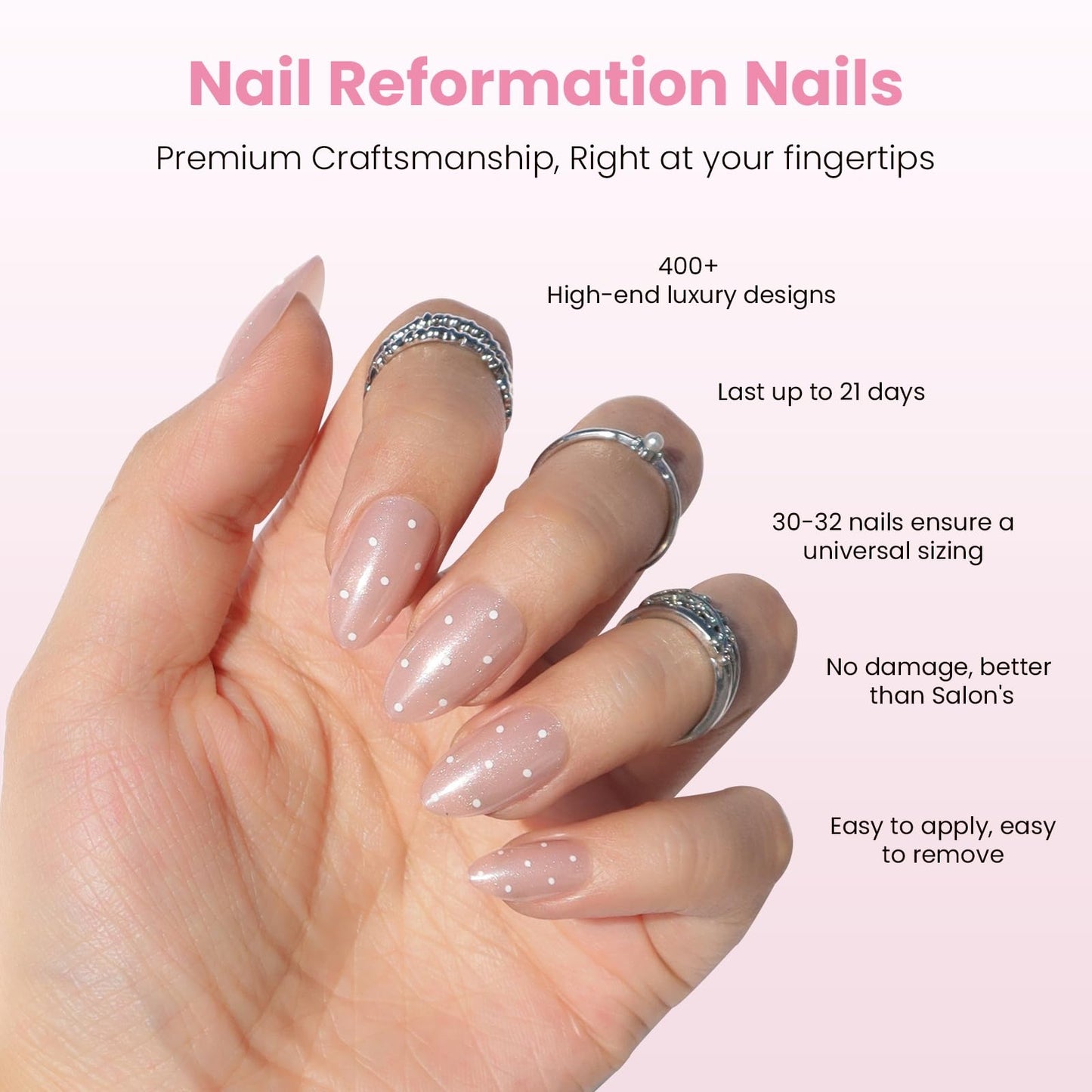 Nail Reformation Press On Nails, Milk Dots | Polka Dot Short Almond Fake Nails on Pink Shimmer Base in Glossy Finish, Reusable Stick On False Nails in 16 Sizes - 32 Nail Kit with Glue, Gifts for Women