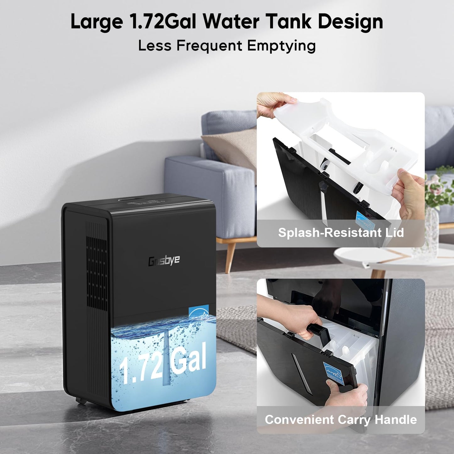 Gasbye 4500 Sq.Ft. 2025 Energy Star Dehumidifier for Basement & Large Rooms with Drain Hose, Max 115 Pints/Day | 45dB Quiet Compressor | 1.7 Gal Water Tank | Auto Shut-Off & Restart, Black
