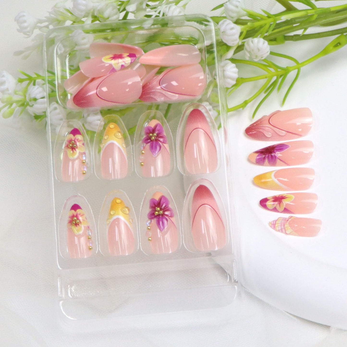 French Tip Press on Nails Medium Fake Nails with 3D Water Droplets Pearl Flowers Lines Designs Almond Nails Press ons Pink Full Cover Reusable Stick on Nails for Women 24Pcs