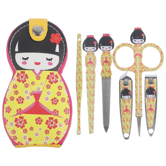 TOVINANNA 6Pcs Japanese Kimono Doll Manicure Set, Stainless Steel Nail Clipper Kit with Cute Storage Case, Portable Fingernail Grooming Tools for Women & Girls, Personal Nail Care, Random Color
