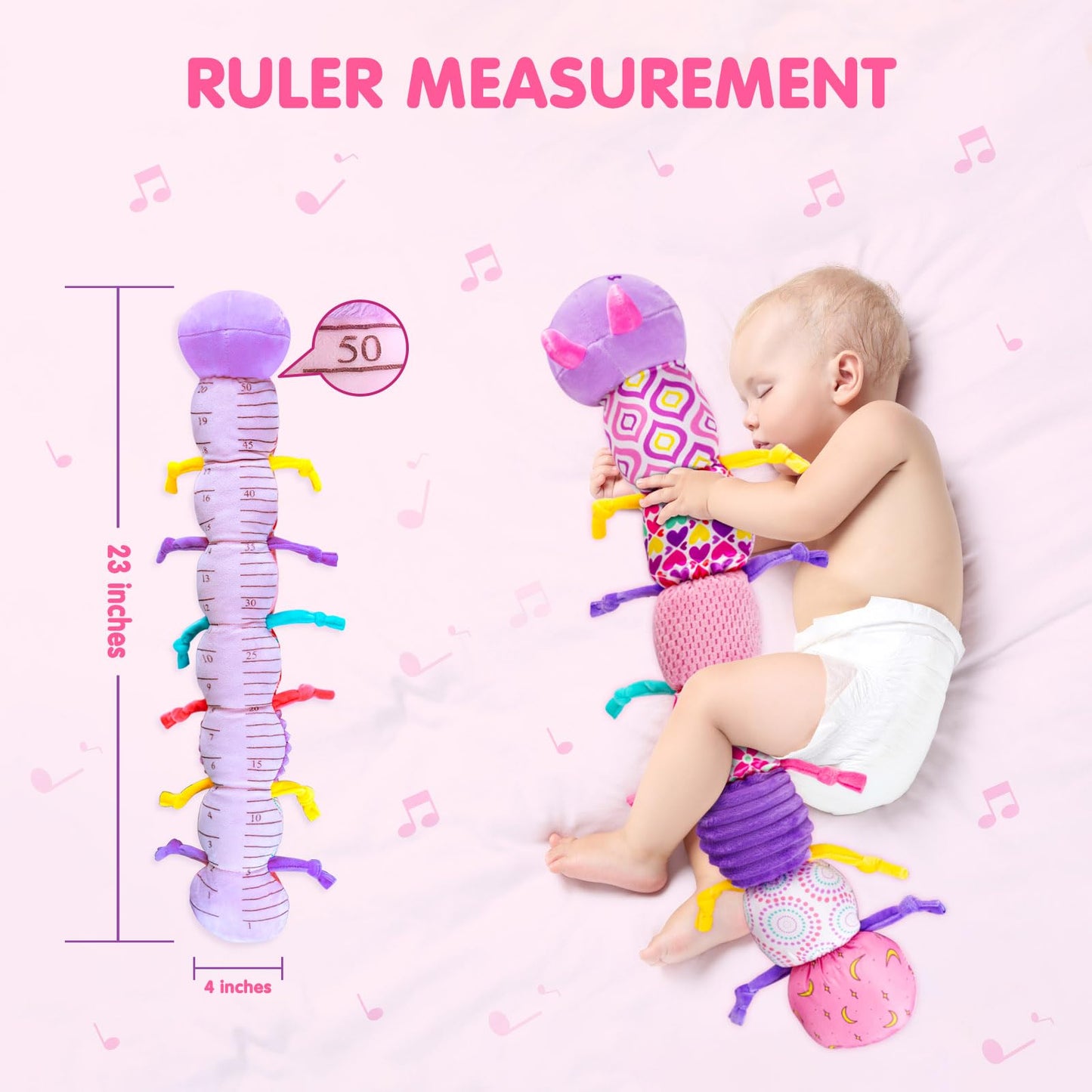 Baby Infant Musical Stuffed Animal Soft Toy with Multi-Sensory Crinkle, Rattle & Textures,Baby Girl Toy Birthday Gift for 0 3 6 9 12 Months+,Caterpillar,Purple