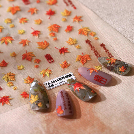 Fall Bronzing Maple Leaf Nail Art Stickers, 5D Self-Adhesive Leaves Design Foils, Autumn Thanksgiving Nail Decorations Supplies for Women Girls DIY Manicure 1 Sheet
