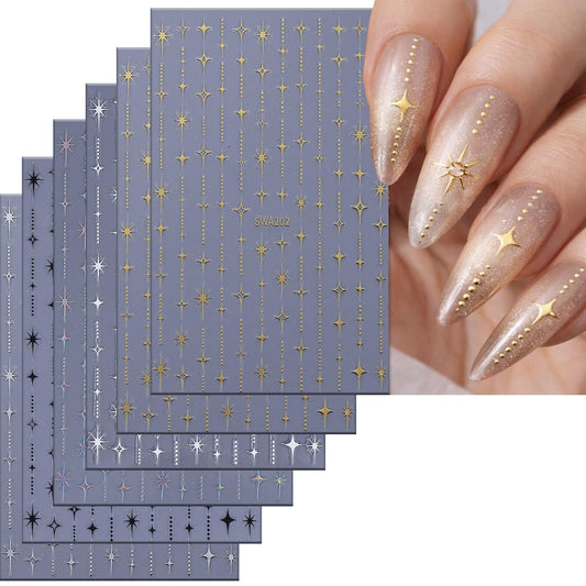 CJDLTS 6 Sheets Stars Nail Art Stickers 3D Self -Adhesive Gold Silver White Black Laser Stars Nail Decals Holographic Glitter Starlight Nails Stickers for Women Acrylic Nails Decoration Supplies