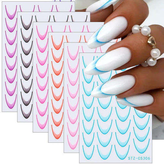 Gradient Colorful French Line Nail Art Stickers - 3D Self-Adhesive Tips Guides, Stripe Curved Lines Designs Transfer Decals for DIY Stencil Tools - 6Pcs