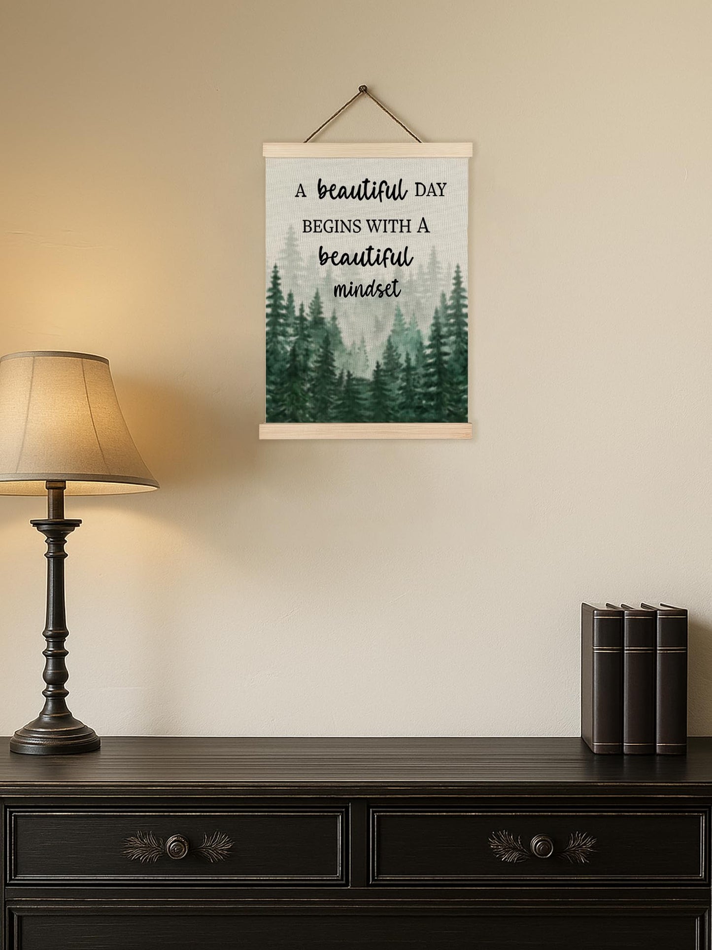 Mindset Framed Canvas Wall Art - A Beautiful Day Begins with a Beautiful Mindset Hanging Canvas Wall Decor for Bedroom Office, Nature Forest Mountain Positive Hanging Poster, Inspirational Gifts for Women