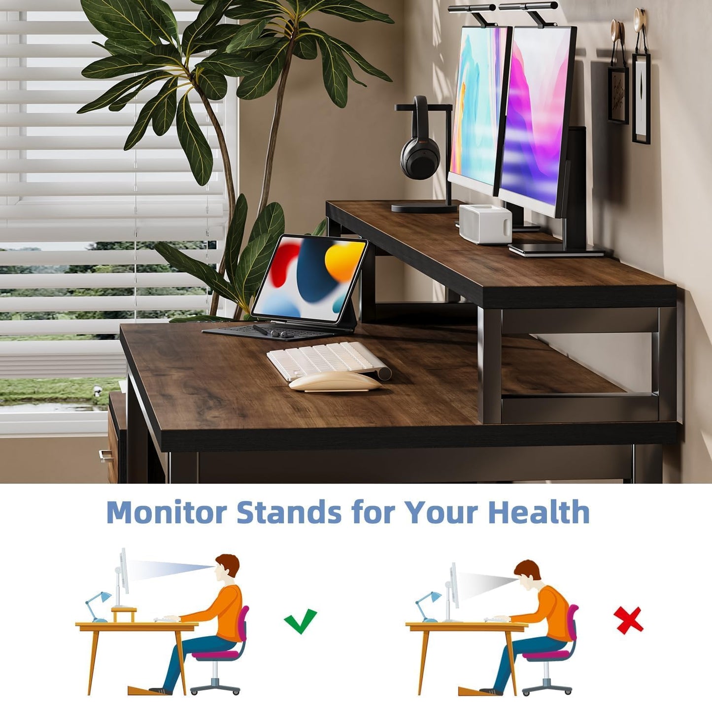 MaverickFurni 67'' Computer Desk with Drawers, Black Desk with Storage and Monitor Stand, Home Office Desk with LED Lights, Black and Walnut