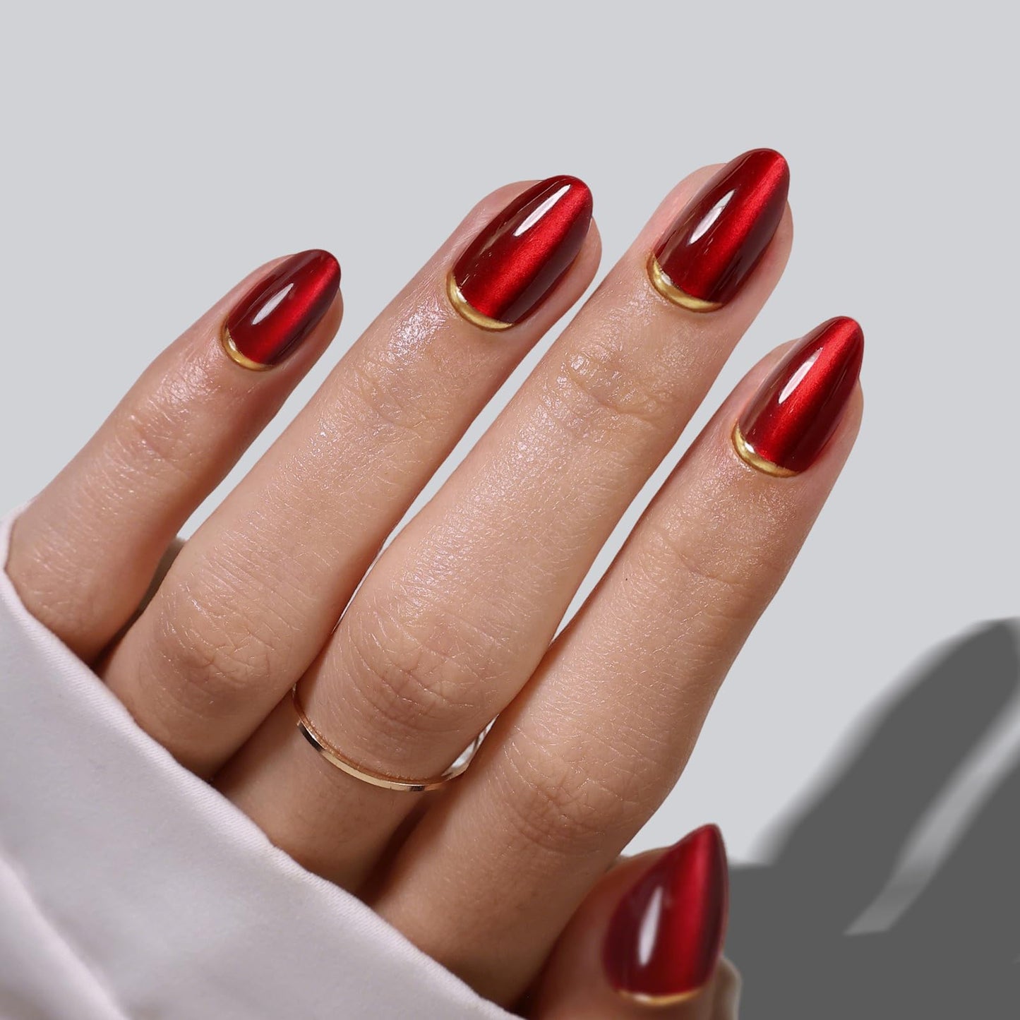 Dark Red Cat Eye Press on Nails Almond - SHANGMENG Soft Gel 3D Gold Foil Short Nails for Women Gift, Glossy Glue on Nails with Glue in 16 Sizes - 32 Reusable Fake Nails, Champagne & Cherries