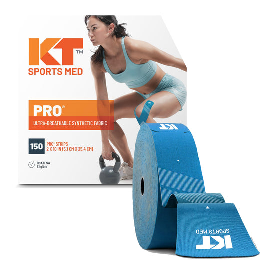 KT Tape, Pro Synthetic Kinesiology Athletic Tape, 150 Count, 10" Precut Strips, Laser Blue