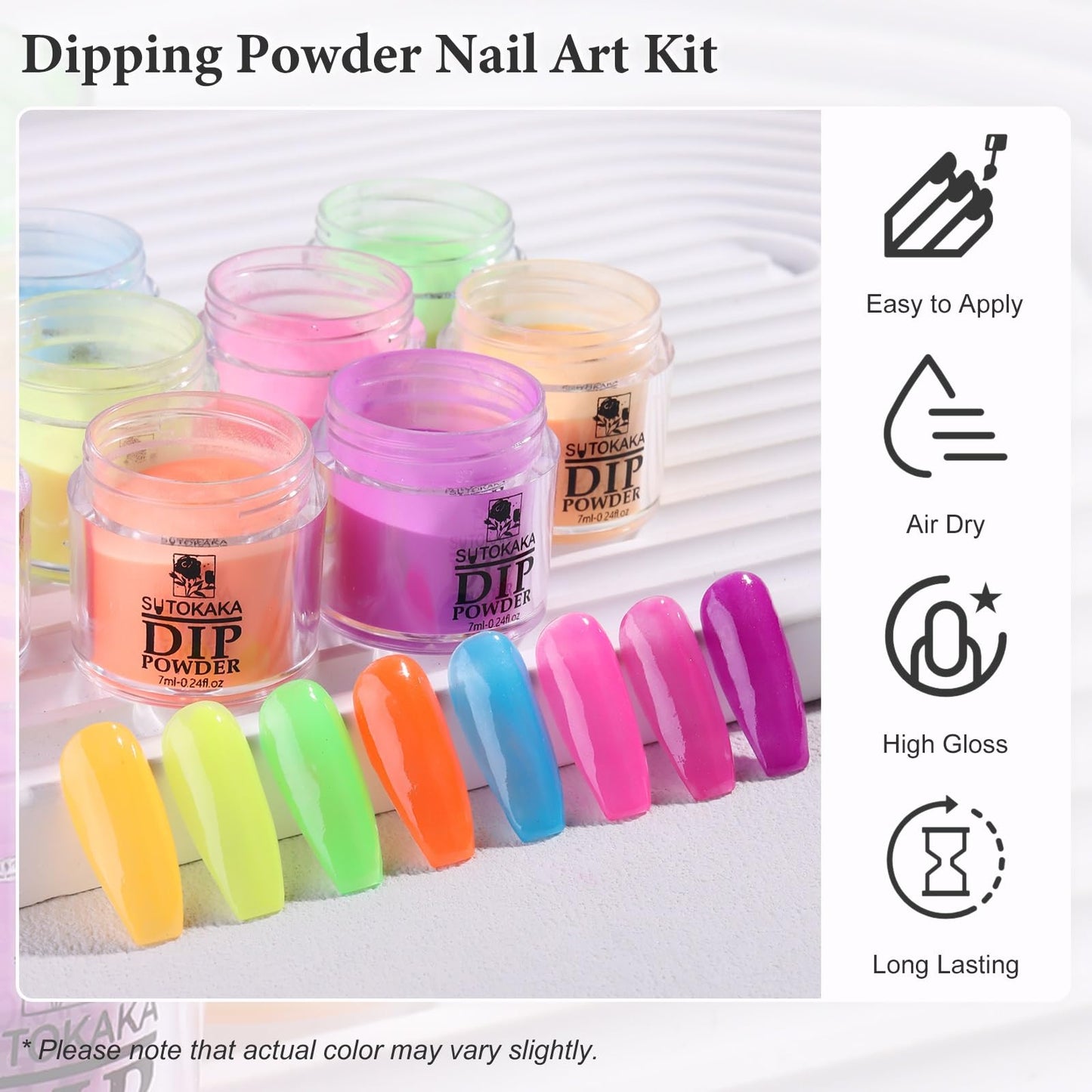 SUTOKAKA Dip Nail Powder Starter Kit with Recycling Tray System, 8 Colors Bright Neon Pastel Summer Colors Acrylic Powder Nail Design Set Home DIY Accessories 21Pcs