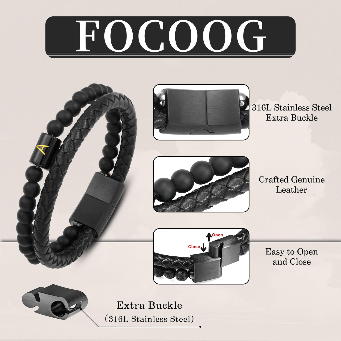 FOCOOG Gifts for Mens Bracelet - Men Gift Leather Bracelets for Men with Initial Matte Agate Bead Magnetic Clasp Leather Men's Initial J Bracelet for Men's Jewelry Mens Gifts for Dad Husband