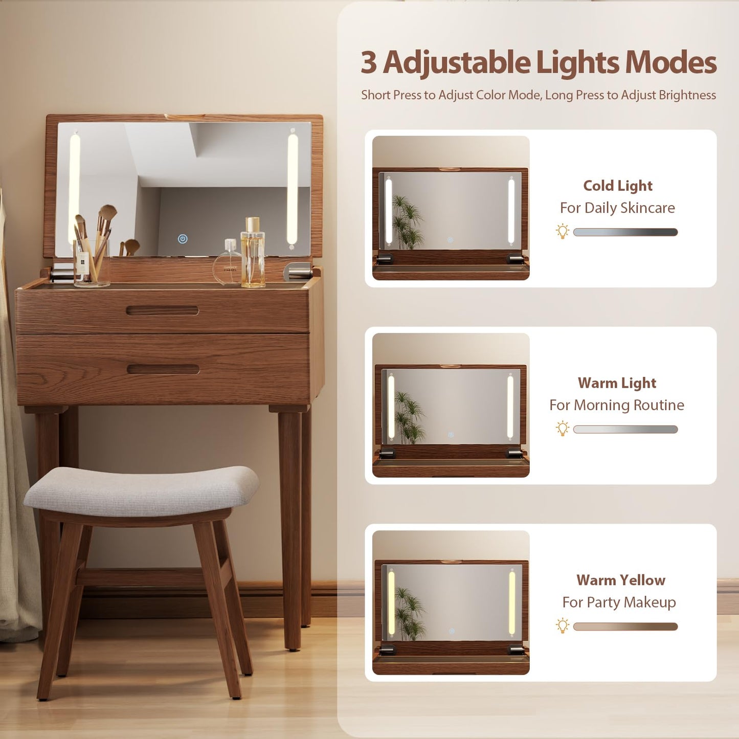 Muwuele Small Vanity Desk and Vanity Stool Bundle, Vanity Set with Mirror and Stool and Lights, Solid Wood Vanity Desk and Chair Set, Makeup Vanities & Vanity Benches (Vanity 23.6 inch Wide, Walnut)