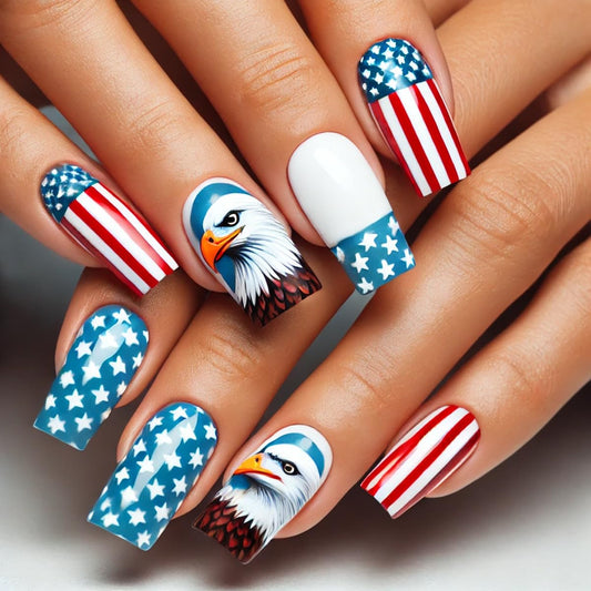 24Pcs Independence Day Fireworks Press on Nails Medium Square 4th of July Stripes Fake Nails Gradient Stars design False Nails Full Cover Stick on Nails Memorial Day for Women Manicure Decoration