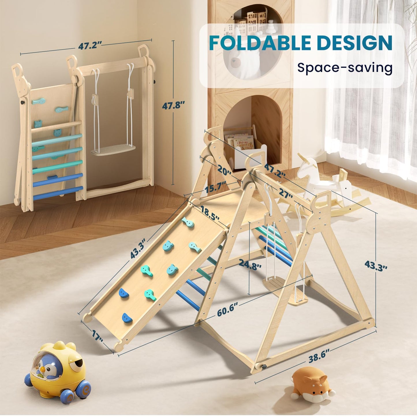 BlueWood 4 in 1 Indoor Jungle Gym, Foldable Wooden Climbing Set with Swing, Slide, Ladder and Climbing Wall, Montessori Philosophy Climber Playset for Kids Aged 2+ (Sky Blue)