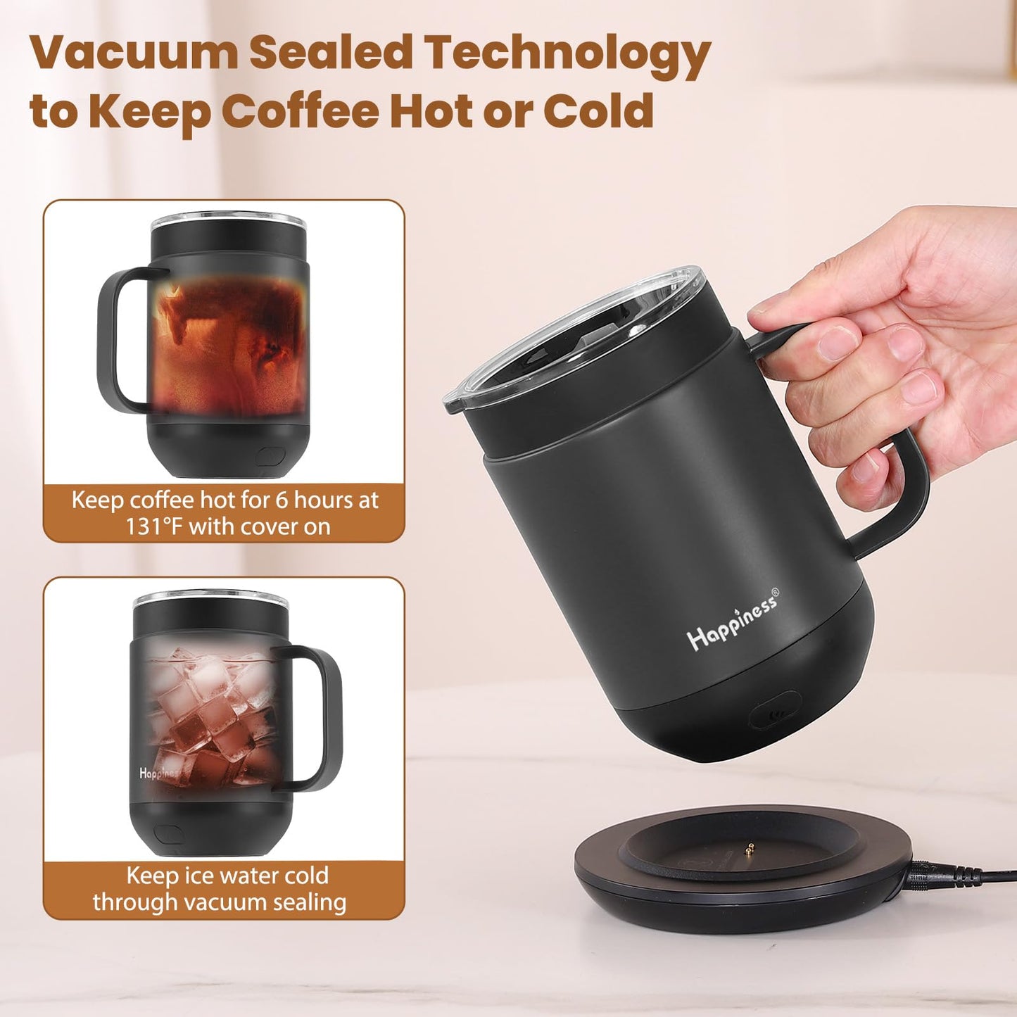 Happiness Smart Heated Coffee Mug,16oz Rechargeable Electric Self Heating Temperature Control Coffee Cup,Gifts for Mom Dad Grandma Wife