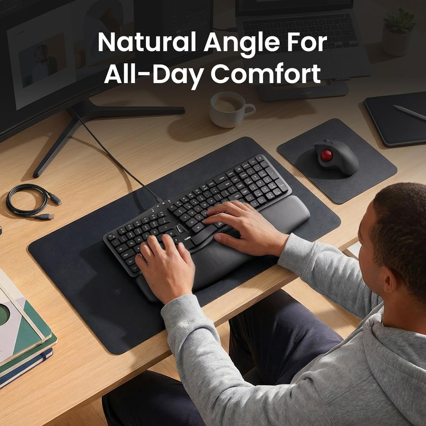 Nulea Ergonomic Split Keyboard, Wired Natural Typing Keyboard with Integrated Palm Rest for Wrist Pain Relief, 2-in-1 Type C&Type A Plug for Mac,Windows,Office & Home,Black