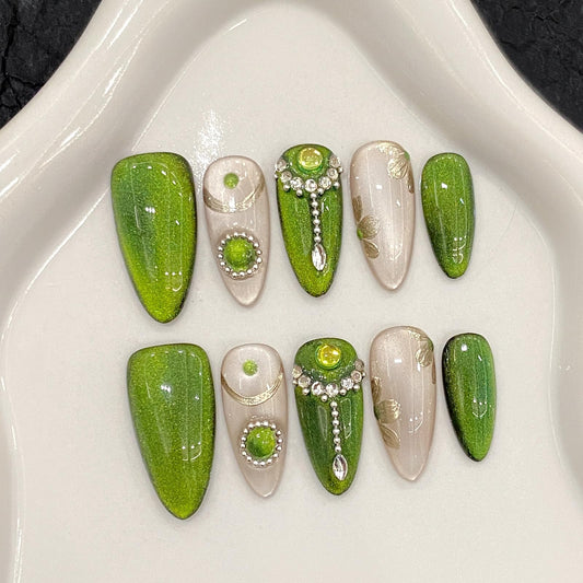 Yacey 3D Handmade Press on Nails, Medium Almond Reusable False Nails Press Ons, Emerald Cat Eyes Thick Acrylic Fake Nails, Luxury Gem Glow Glue on Nails for Women Girls (10 Pcs, M)