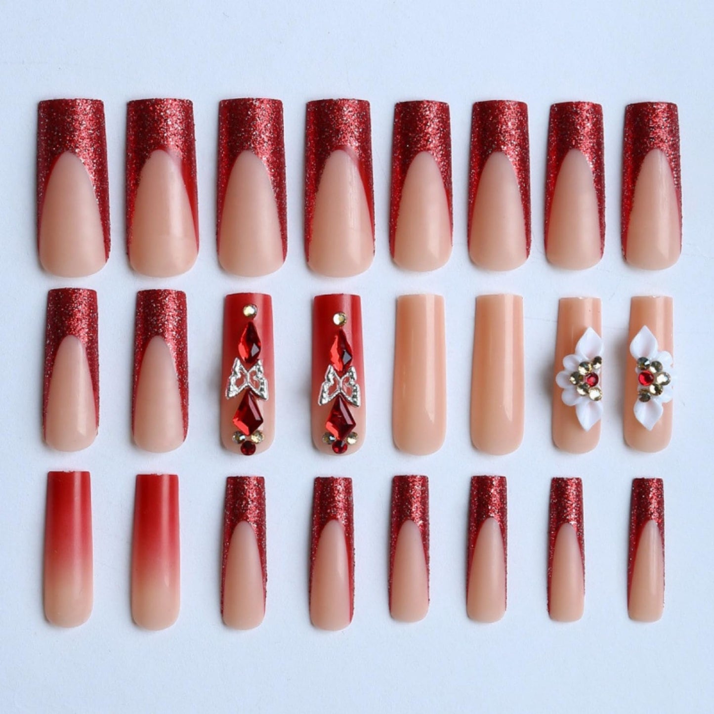 Octoswave Square Press on Nails Long Fake Nails Red French Artificial Nail 3D Bow Stick on Nail for Women 24pcs