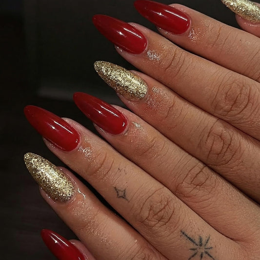 BABALAL Medium Almond Press on Nails, Burgundy Red Acrylic Nails with Gold Glitter Design, 24Pcs Glossy Full Cover Glue on Nails Manicure