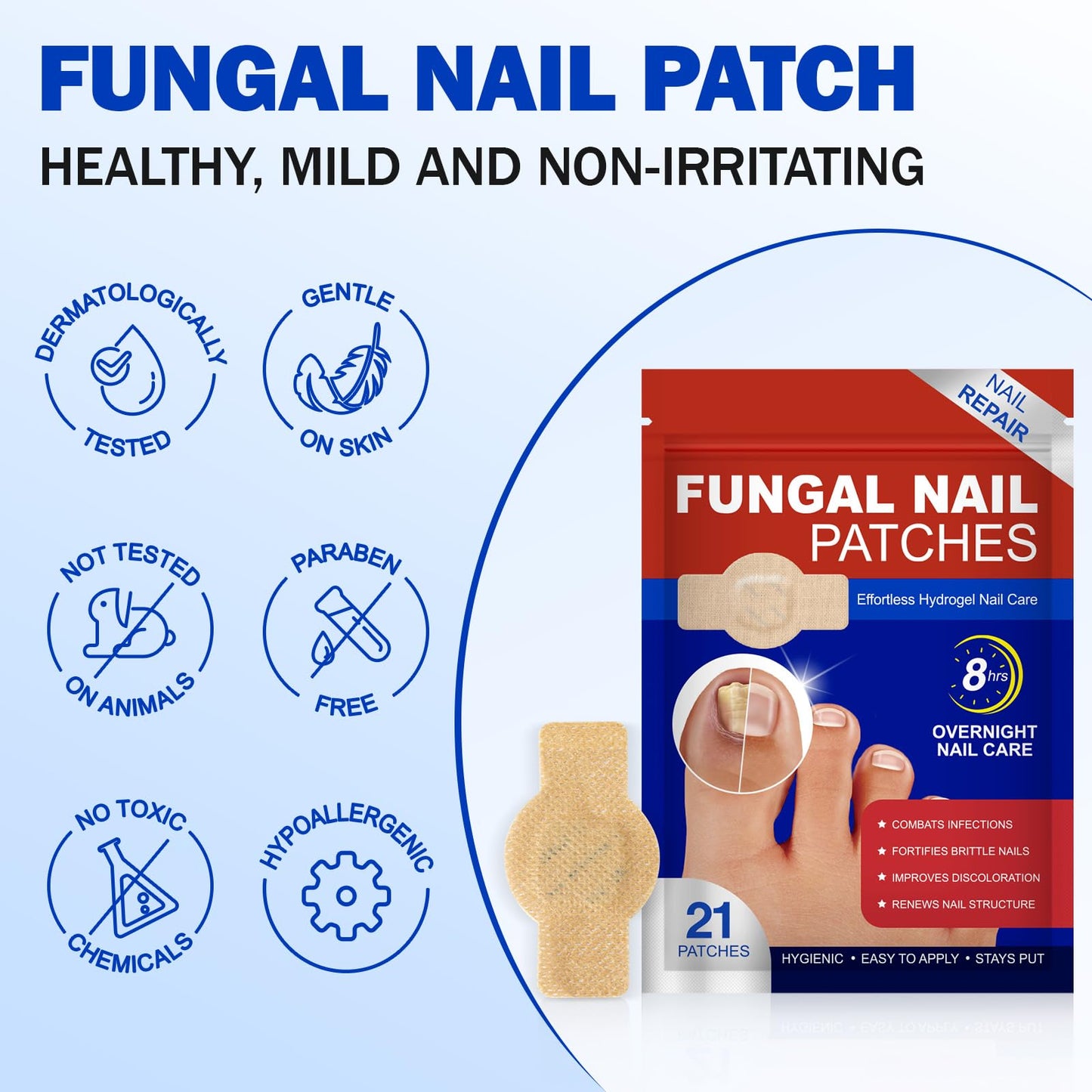 Nail Patches 21 PCS Toenail Treatment Extra Strength 8-Hour Fast Acting Repair Damaged Nails Overnight Nail Repair Effortless Hydrogel Nail Care Renewal for Men and Women