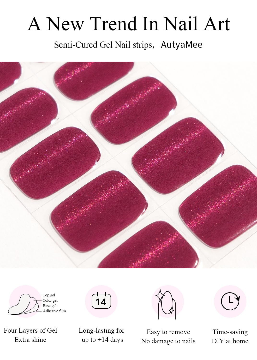 AutyaMee Semi Cured Gel Nail Strips (Plum Red Cat Eye), Purple, 20 Pcs Gel Nail Wraps, Stickers, UV Light Required, Salon Quality, Long Lasting