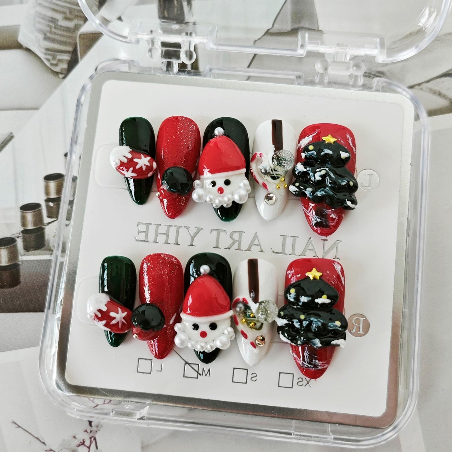 10 Pcs Christmas Handmade Acrylic Press on Nails Almond Medium Fake Nails with Design 3D Christmas Tree and Santa Claus Glue on Nails Artificial Handmade Christmas Nails for Women - Size M