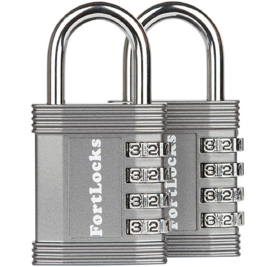 FortLocks Padlock - 4 Digit Combination Lock for Gym Outdoor & School Locker, Fence, Case & Shed – Heavy Duty Resettable Set Your Own Combo – Waterproof & Weatherproof (2 Pack - Silver)