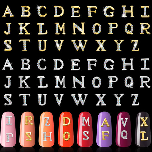Maitys 104 Pcs Gold Silver Letter Nail Charms 3D Capital Charms Studs Letters and Rhinestone Crystal Nail Decals English Alphabet Fingernail Art Decoration for Women Female DIY Fingernail Art