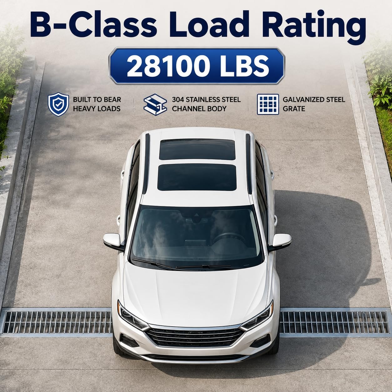 TONGMO 304 Stainless Steel Channel Drain with Galvanized Steel Grate, 39.4" x 5.9" x 5.5" Trench Drain System, Class B Load Rating for Driveways, Patios, and Pool Decks