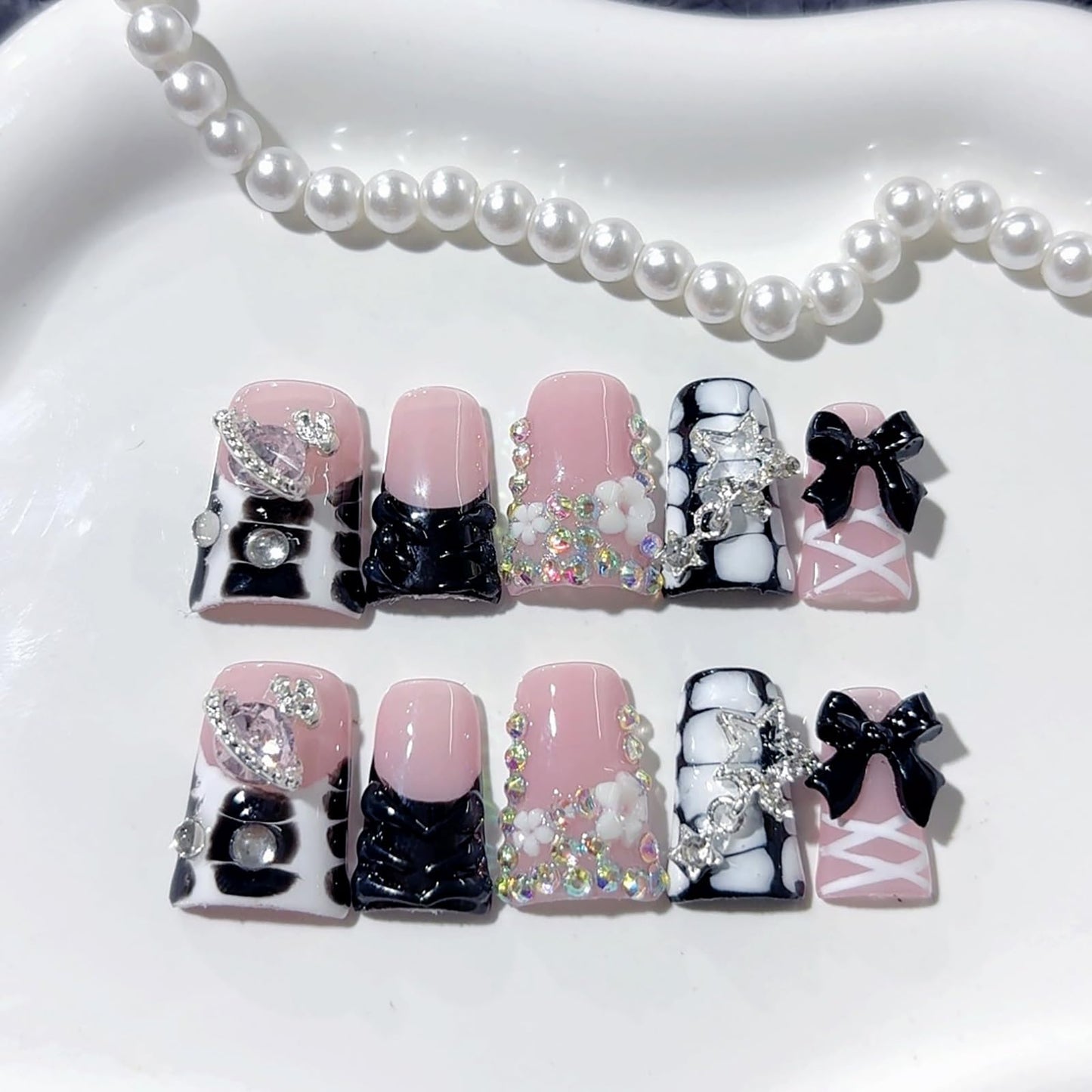10Pcs Handmade Press on Nails Short Duck Fake Nails with 3D Bow Flower Rhinestone Design French Tip False Nails Black Bow Nail Acrylic Duck Nails Press ons Cute Artificial Stick on Nail for Women (M)