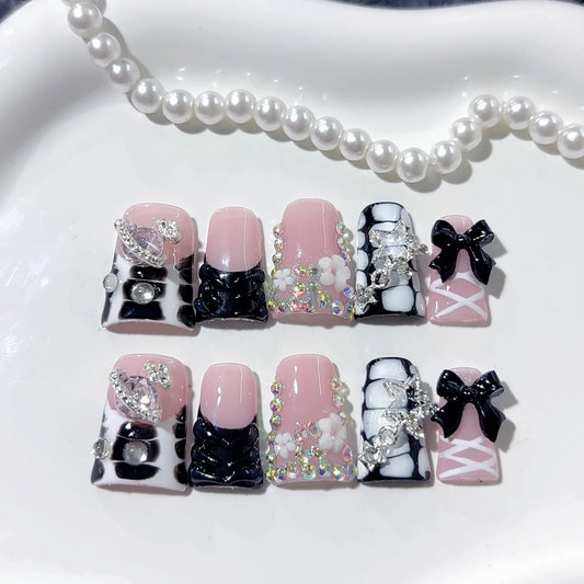 10Pcs Handmade Press on Nails Short Duck Fake Nails with 3D Bow Flower Rhinestone Design French Tip False Nails Black Bow Nail Acrylic Duck Nails Press ons Cute Artificial Stick on Nail for Women (M)