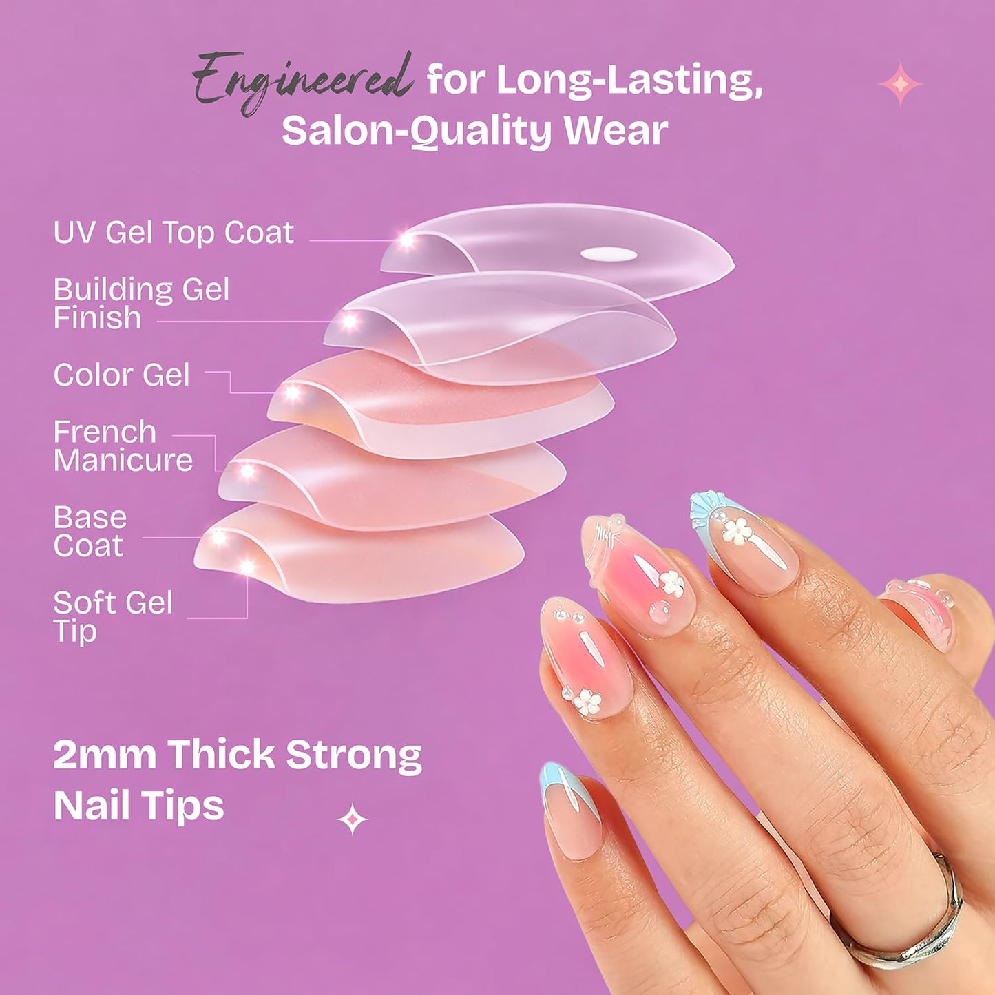 RPNZL Press On Nails - Pearl | Bubble Bath Medium Almond Fake Nails With Pearl Design, Reusable Salon Quality | 32 Nails, 16 Sizes Kit with Glue and Adhesive Tabs I Female Founded