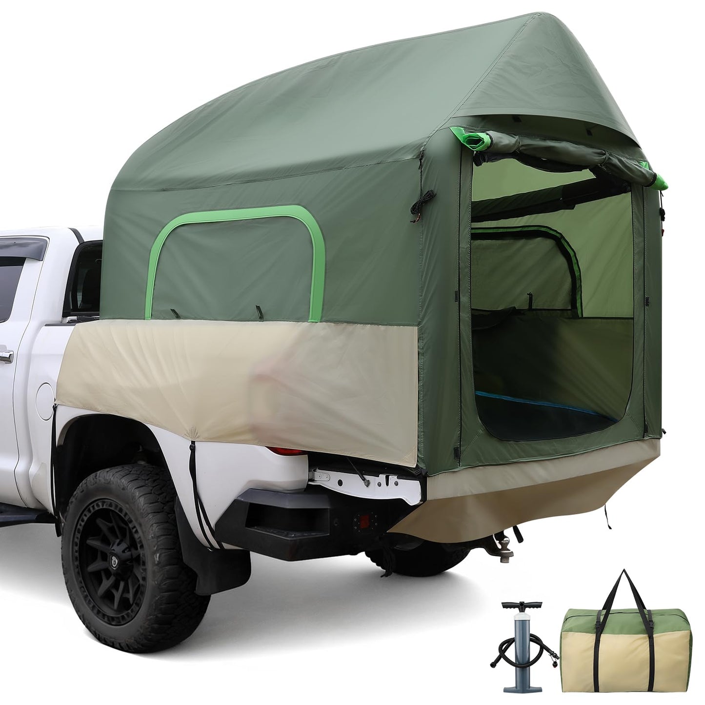 Truck Bed Tent 5.5ft-8ft Easy Set up Inflatable Pickup Truck Tent with Pump for Camping PU 3000mm Waterproof Dual-use Pickup Tent or Camping Tent for 2 Person Double Layer Mesh Window & Door