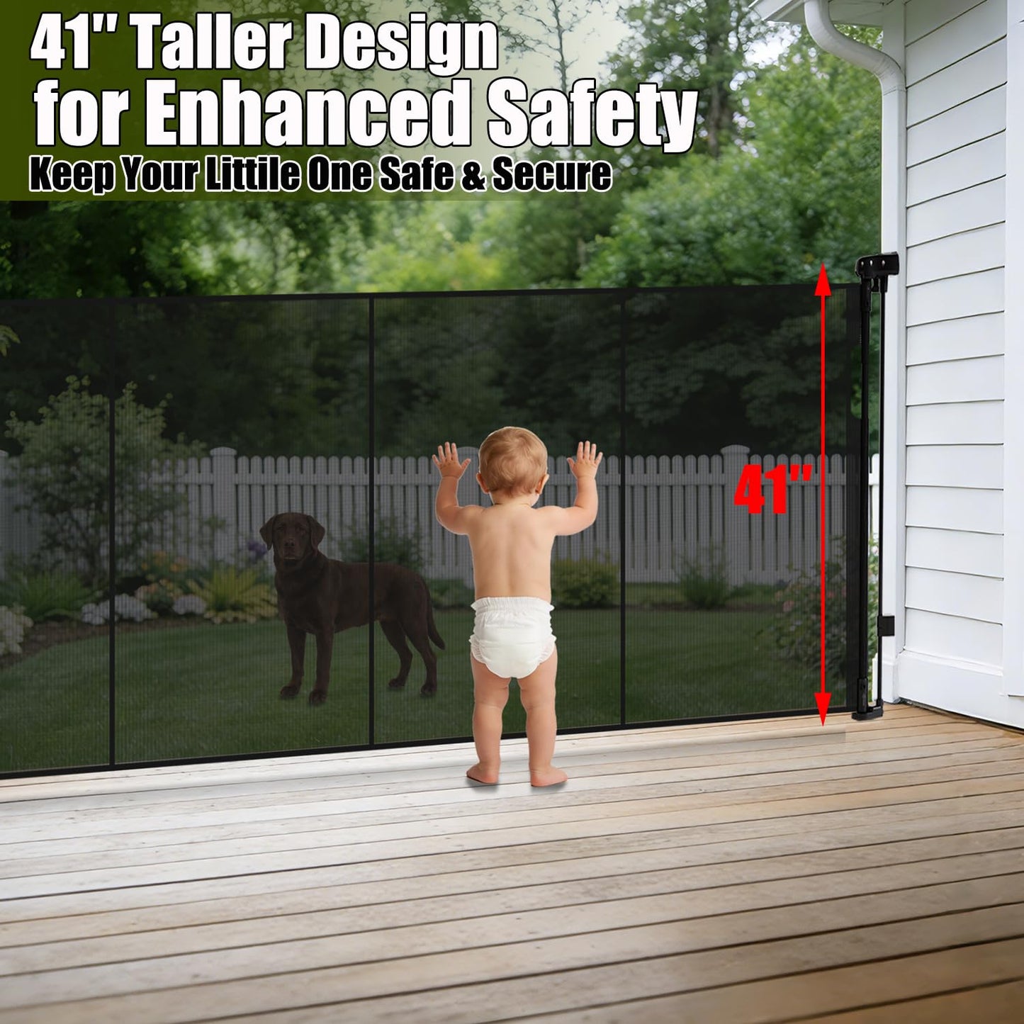150" Extra Wide Retractable Baby Gates Dog Gate for Large Opening, 41" Extra Tall Mesh Pet Gate, Long Child Safety Gates with Fiberglass Rods for Stairways, Doorways, Hallways - Indoor/Outdoor Use
