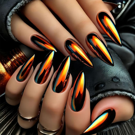 Chrome Press on Nails Medium Length Artificial Acrylic Metallic Laser Chrome Glossy False Nails Design Almond Stick on Nail Reusable Full Cover Glue on Nail Artificial Fingernails for Women Manicure