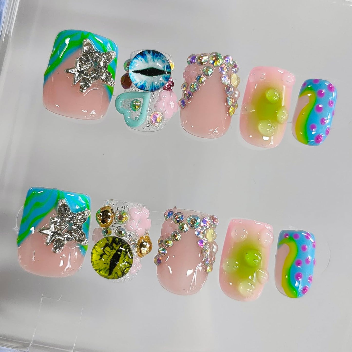 Handmade Press on Nails Short Square 3D French Tip Thick Acrylic Fake Nails Y2K False Nails with Polka Dots Eyes Charms Rhinestones Stars Water Drop Designs Sturdy Nail Art Press on Nails 10Pcs(S)