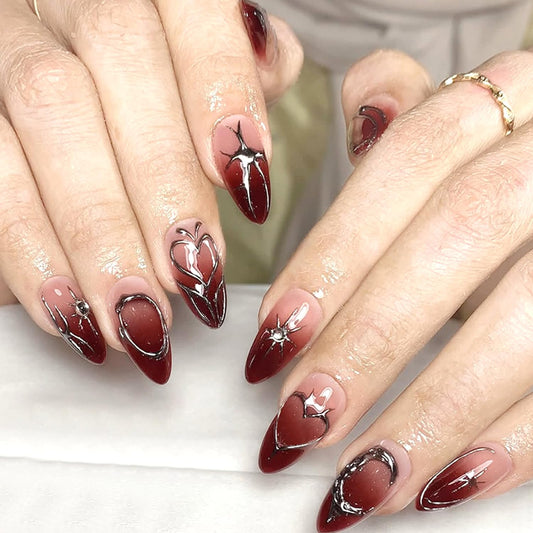 24Pcs Chrome Silver Press on Nails Medium Almond Fake Nails with 3D Rhinestone Design Valentine False Nails Silver Irregular Line Acrylic Nail Red Gradient Full Cover Heart Star Glue on Nail for Women