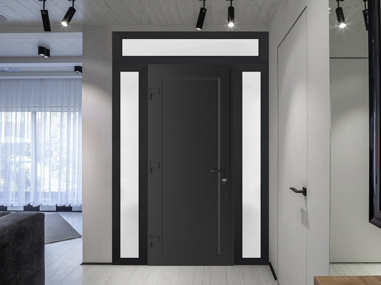 VDOMDOORS Front Exterior Prehung Metal-Plastic Door Frosted Glass | Manux 8111 Matte Black | 2 Side, Top Sidelite Transom | Doors Entrance Patio Garage 64 x 94 (W14+36+14 x H80+14) Right-Inswing