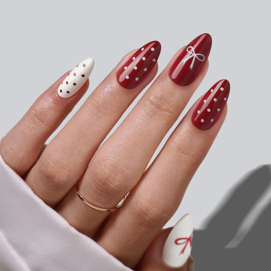 Red and White Medium Press on Nails - Polka Dot and Bow Design, SHANGMENG Soft Gel Almond Nails for Women, Glue on Nails in 16 Sizes - 32 Reusable Fake Nails Kit with Glue, Red & White Variation