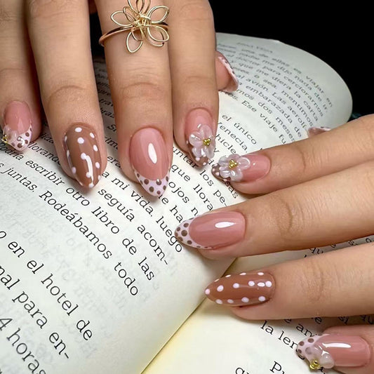 IMRAIN Almond Press on Nails, Medium Fake Nails, Nude Brown French Tip 3D Floral Polka Dot, 24 Pcs Reusable Glue on Nails for Women, Salon Quality