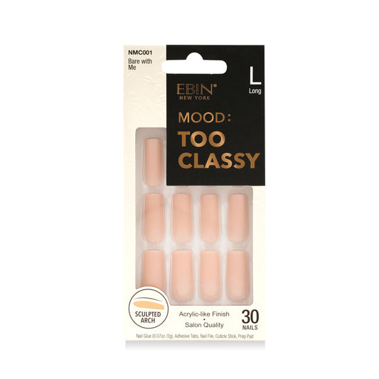 MOOD: TOO CLASSY Press On Nails - Bare with Me | Trendy Long Coffin Shape | Salon Acrylic Finish, Kit Includes 30 Nail Tips, Mini Glue, Adhesive Tabs, Nail File, Cuticle Stick, Prep Pad