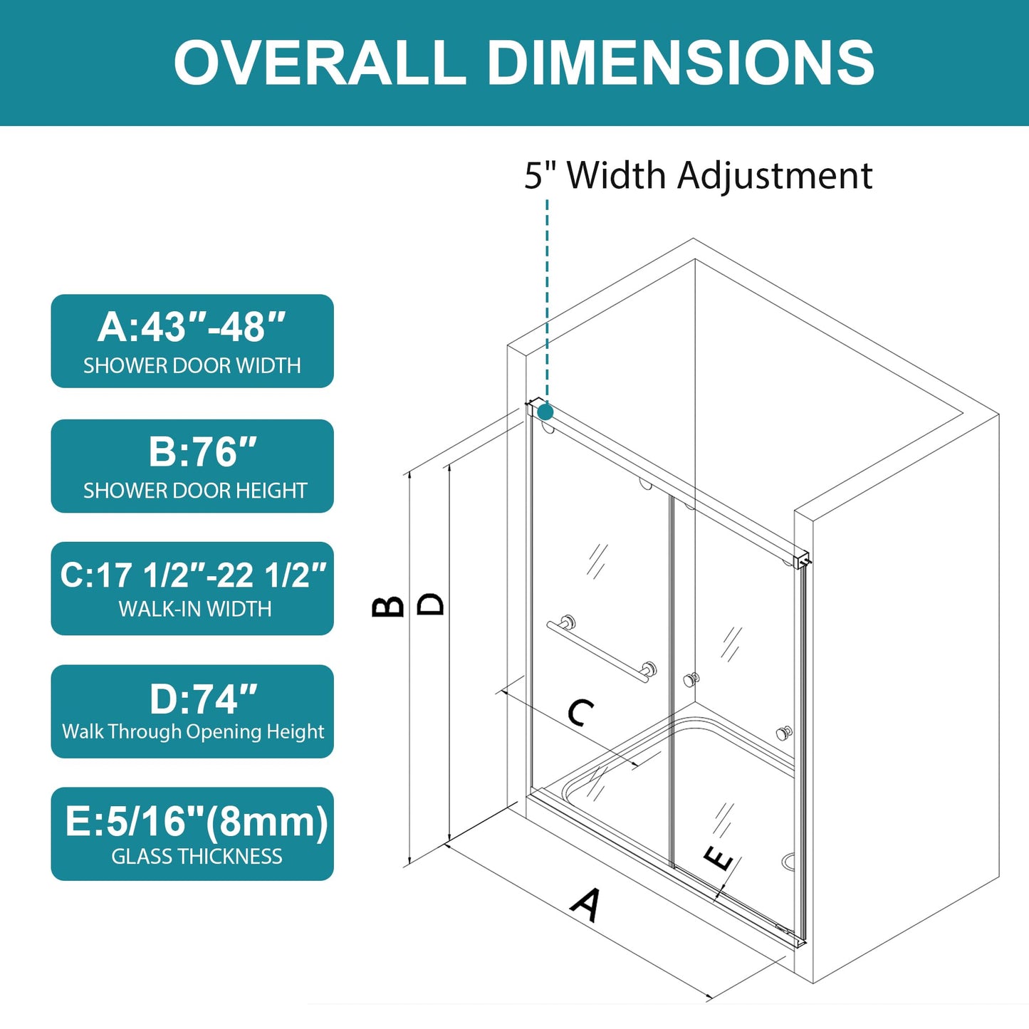 Frameless Shower Door with Soft-Close & Anti-Leak,5/16" (8mm) Double Sliding Shower Door,Nano Coating Anti-Explosion Film SGCC Tempered Glass 43"- 48" W x 76" H,Brushed Gold