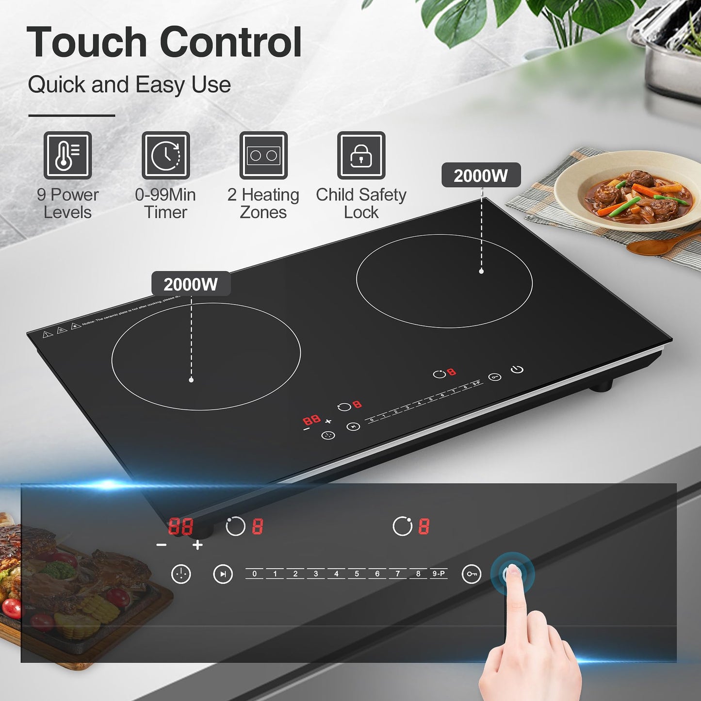 VBGK Double Induction Cooktop,4000W 2 burner induction cooktop,110V Hot Plate Electric Burner Portable Induction cooktop 2 burner with LCD Touch Screen 9 Levels Settings Child Safety Lock & Timer