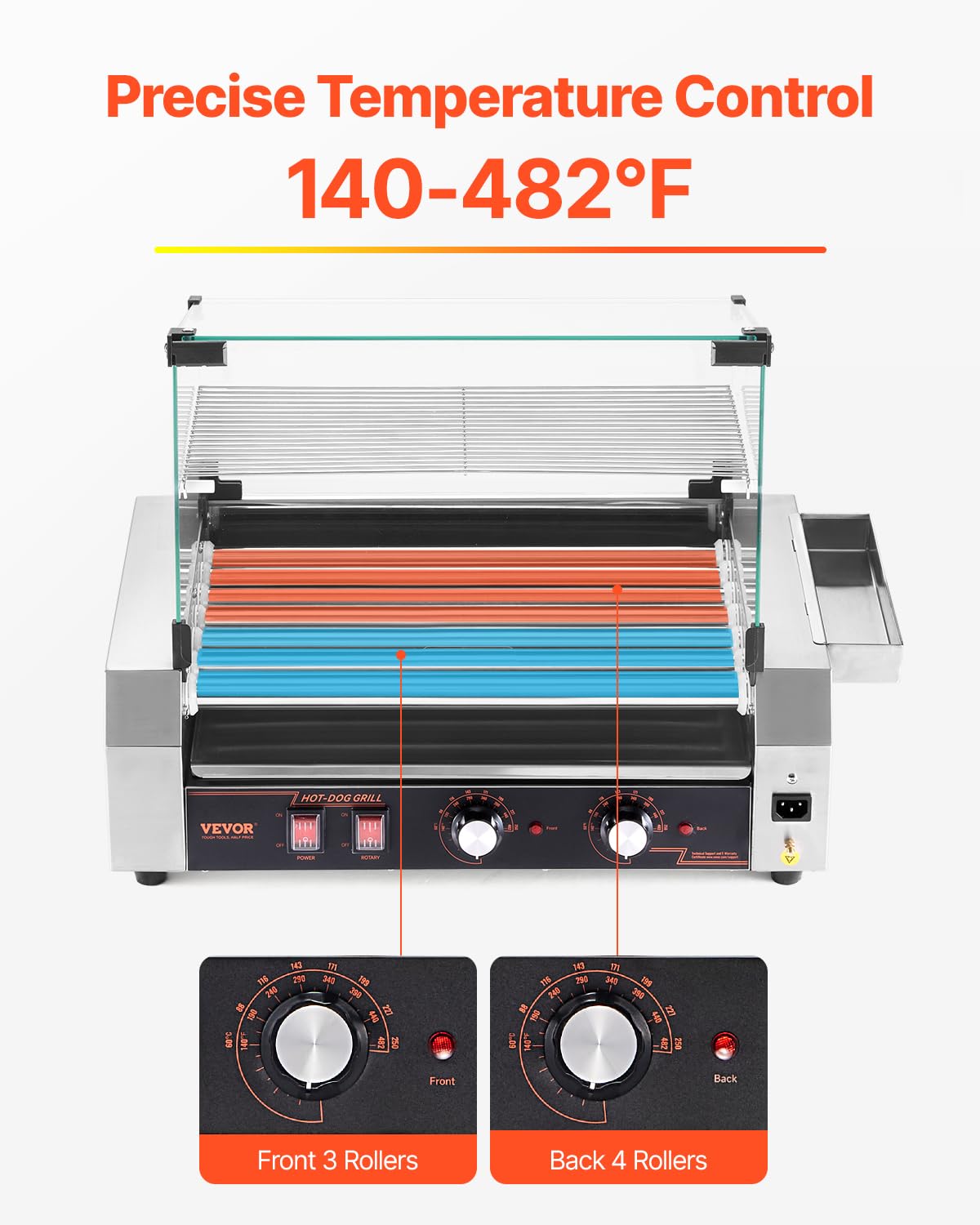 VEVOR Hot Dog Roller, 18 Hot Dog 7 Rollers, Stainless Steel Sausage Grill Cooker, 1050W Commercial Hot Dog Machine with Dual Temp Control, Cover, Side Storage Box, Removable Shelf & Oil Drip Tray