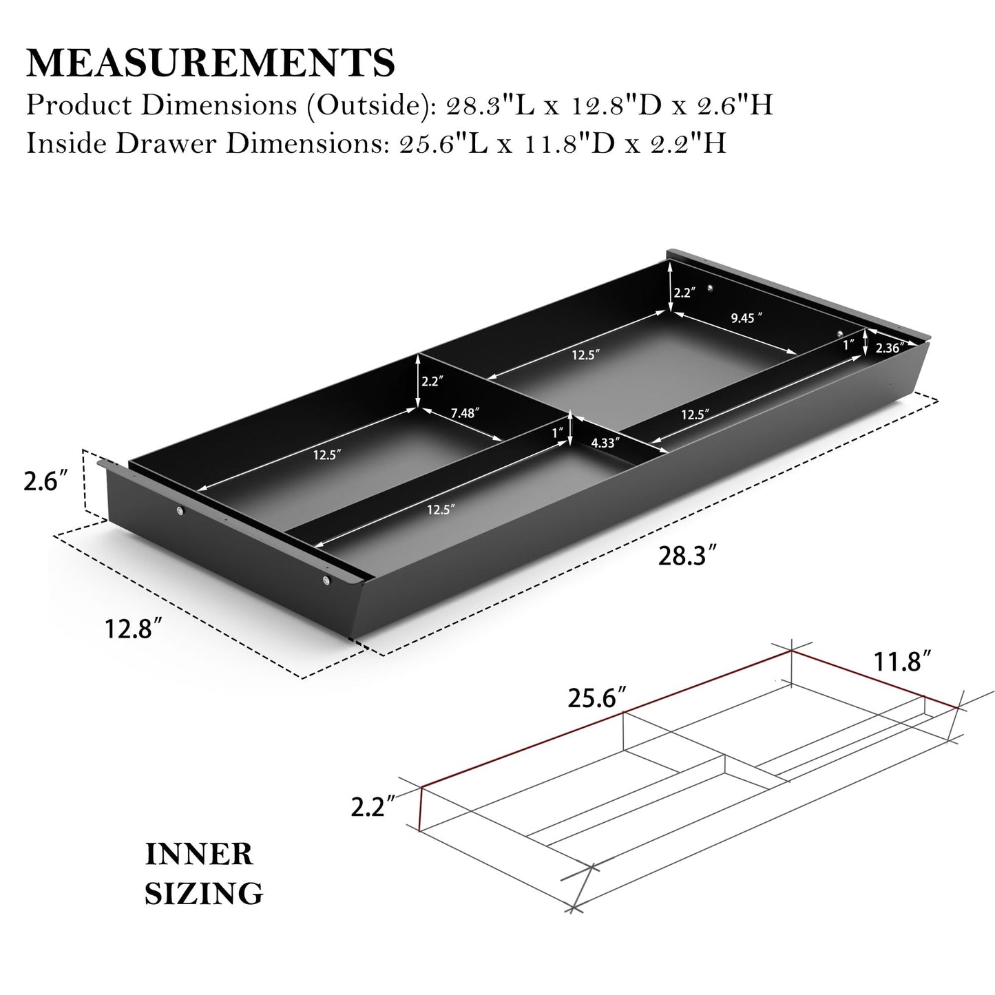 Gaxomo Under Desk Drawer 28.3" Wide, 60° Ergonomic Tilt Organizer with Multi-Compartment – Ball Bearing Slides, Fully Assembled, Under Desk Storage for Home Office Supplies